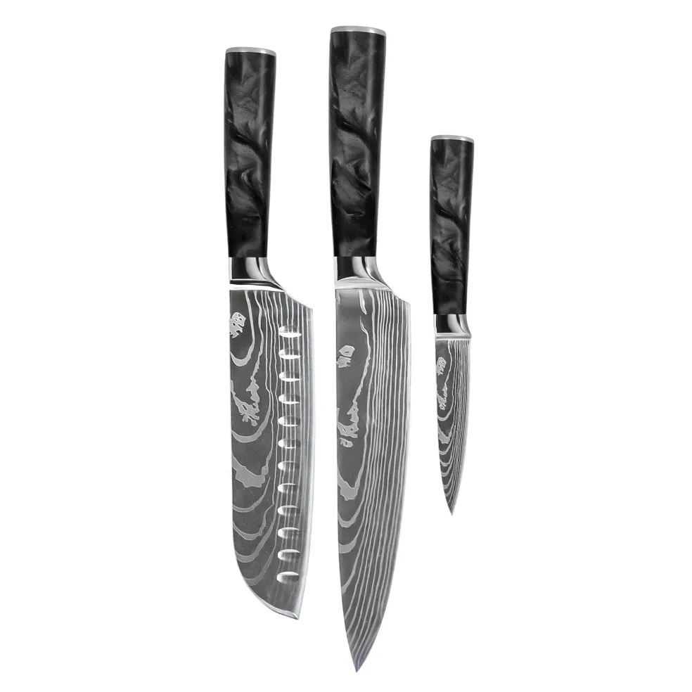 Shinrai Knives - Damascus Print Epoxy Onyx 3-delige Messenset - Koksmes + Santoku + Schilmes