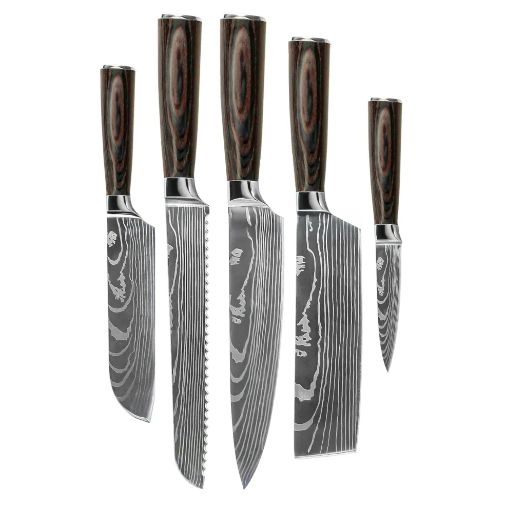 Shinrai Knives - Damascus Print 5-delige Messenset - Koksmes + Broodmes + Nakiri + Kleine Santoku + Schilmes