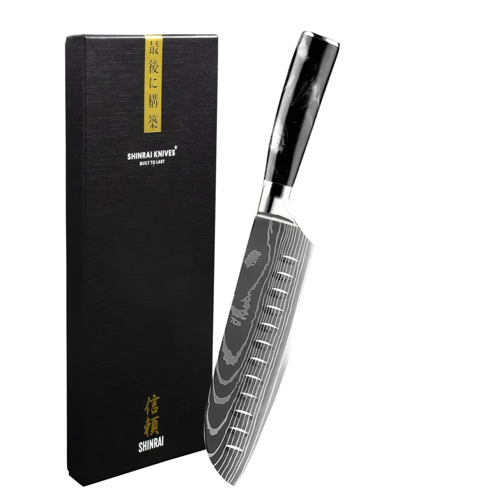 Shinrai Knives - Damascus Print Onyx Epoxy Santoku mes 18cm