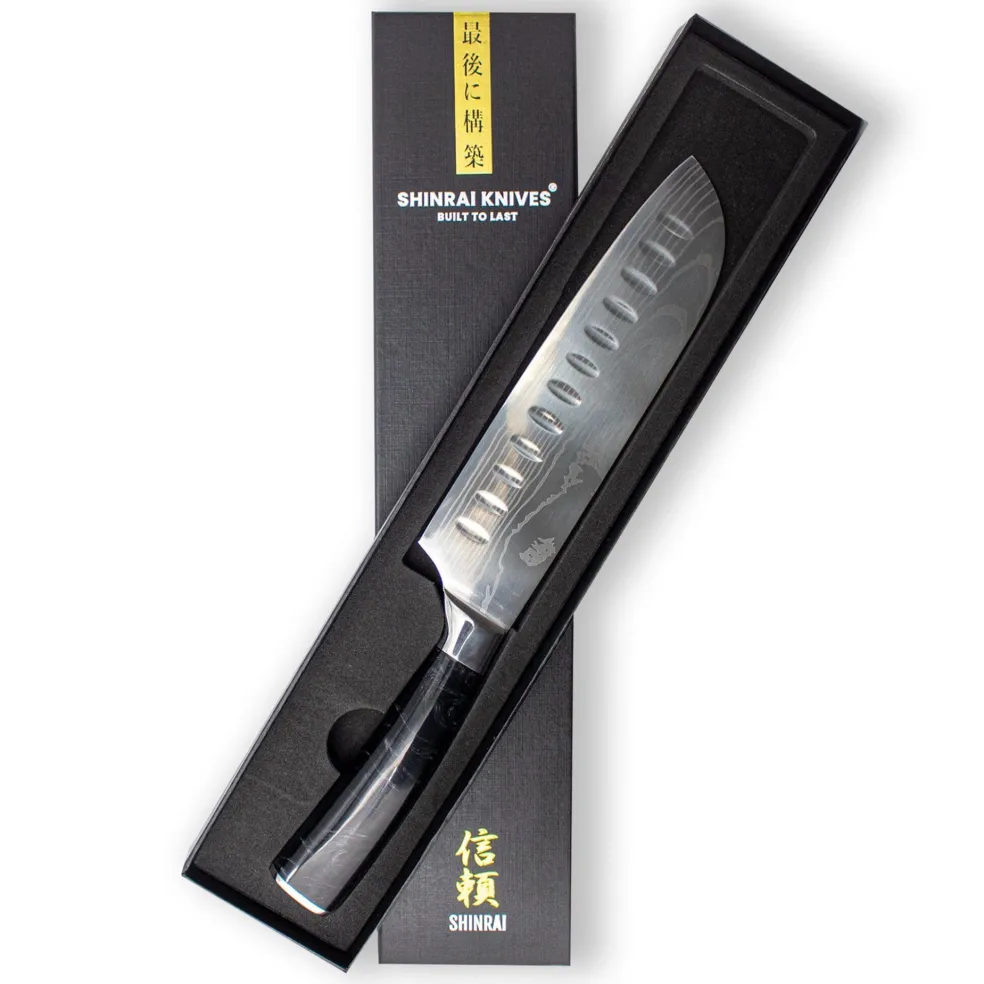 Shinrai Knives - Damascus Print Onyx Epoxy Santoku mes 18cm