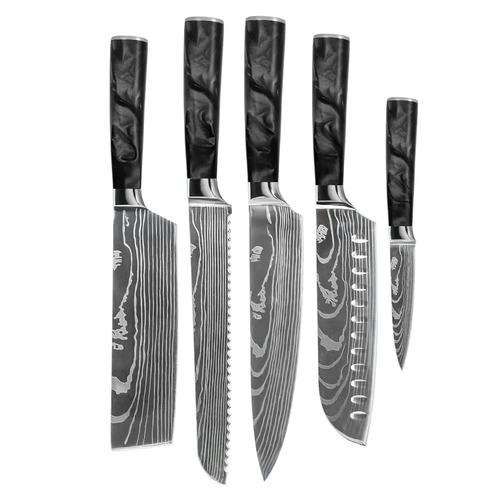Shinrai Knives - Damascus Print Epoxy Onyx 5-delige Messenset - Koksmes + Broodmes + Nakiri + Santoku + Schilmes