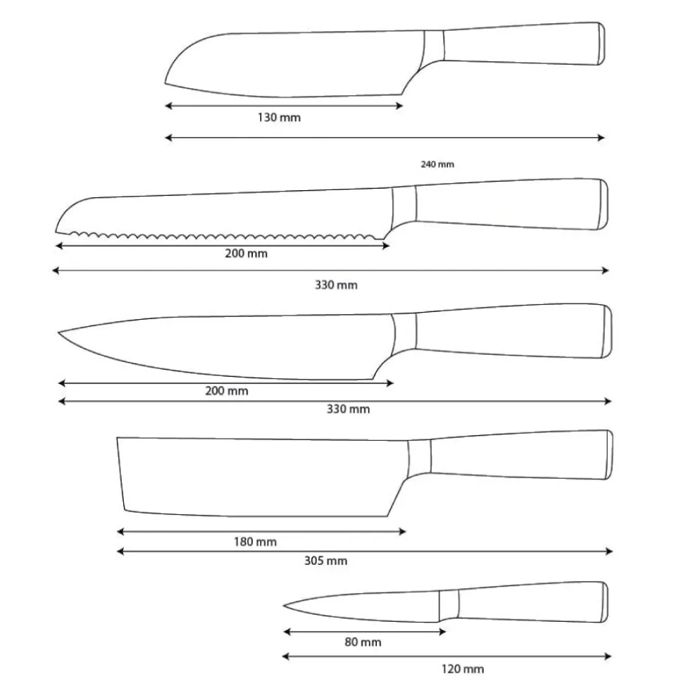 Shinrai Knives - Damascus Print Epoxy Sapphire 5-delige Messenset - Koksmes + Broodmes + Nakiri + Kleine Santoku + Schilmes