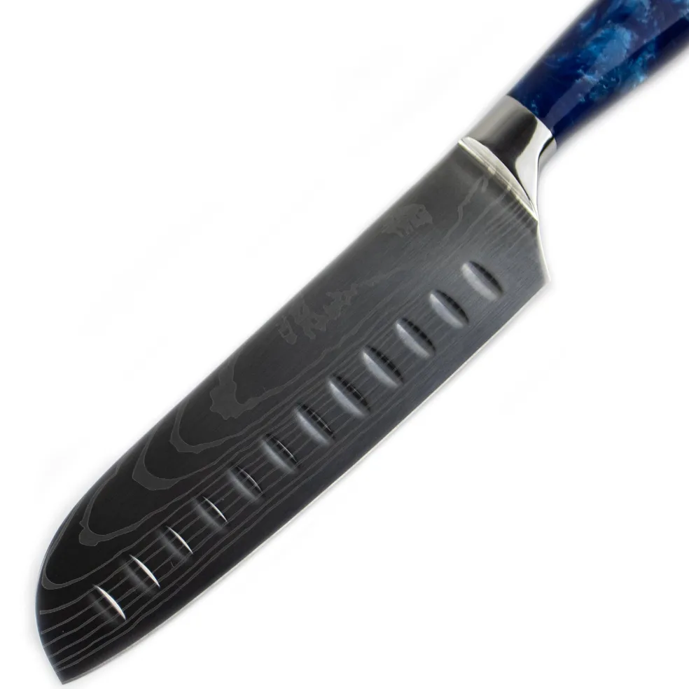 Shinrai Knives - Damascus Print Epoxy Sapphire Santoku mes 18 cm
