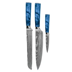 Shinrai Knives - Damascus Print Epoxy Sapphire 3-delige Messenset - Koksmes + Broodmes + Schilmes