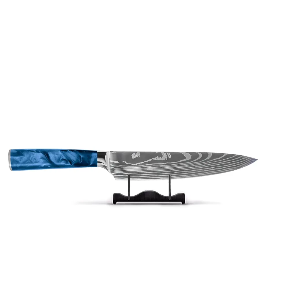 Shinrai Knives - Damascus Print Epoxy Sapphire 3-delige Messenset - Koksmes + Broodmes + Schilmes