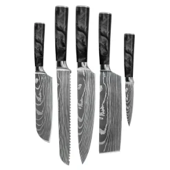 Shinrai Knives - Damascus Print Epoxy Onyx 5-delige Messenset - Koksmes + Broodmes + Nakiri + Kleine Santoku + Schilmes