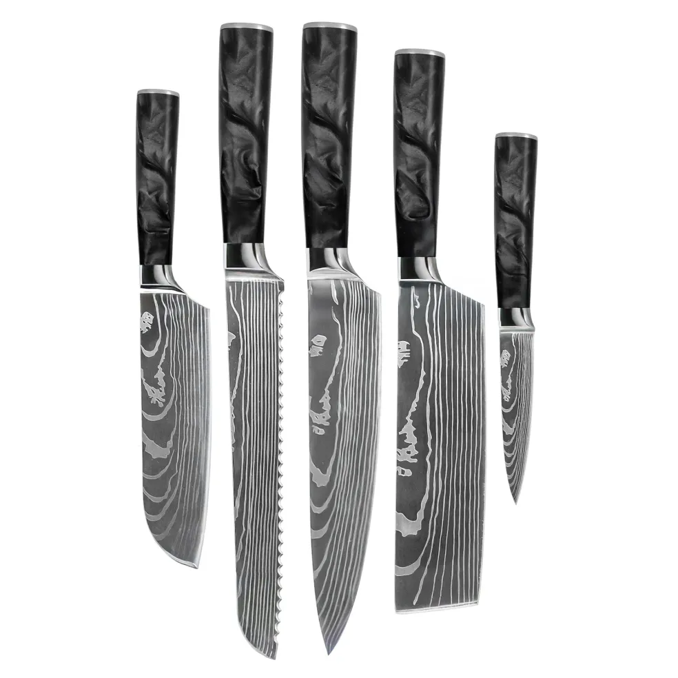 Shinrai Knives - Damascus Print Epoxy Onyx 5-delige Messenset - Koksmes + Broodmes + Nakiri + Kleine Santoku + Schilmes