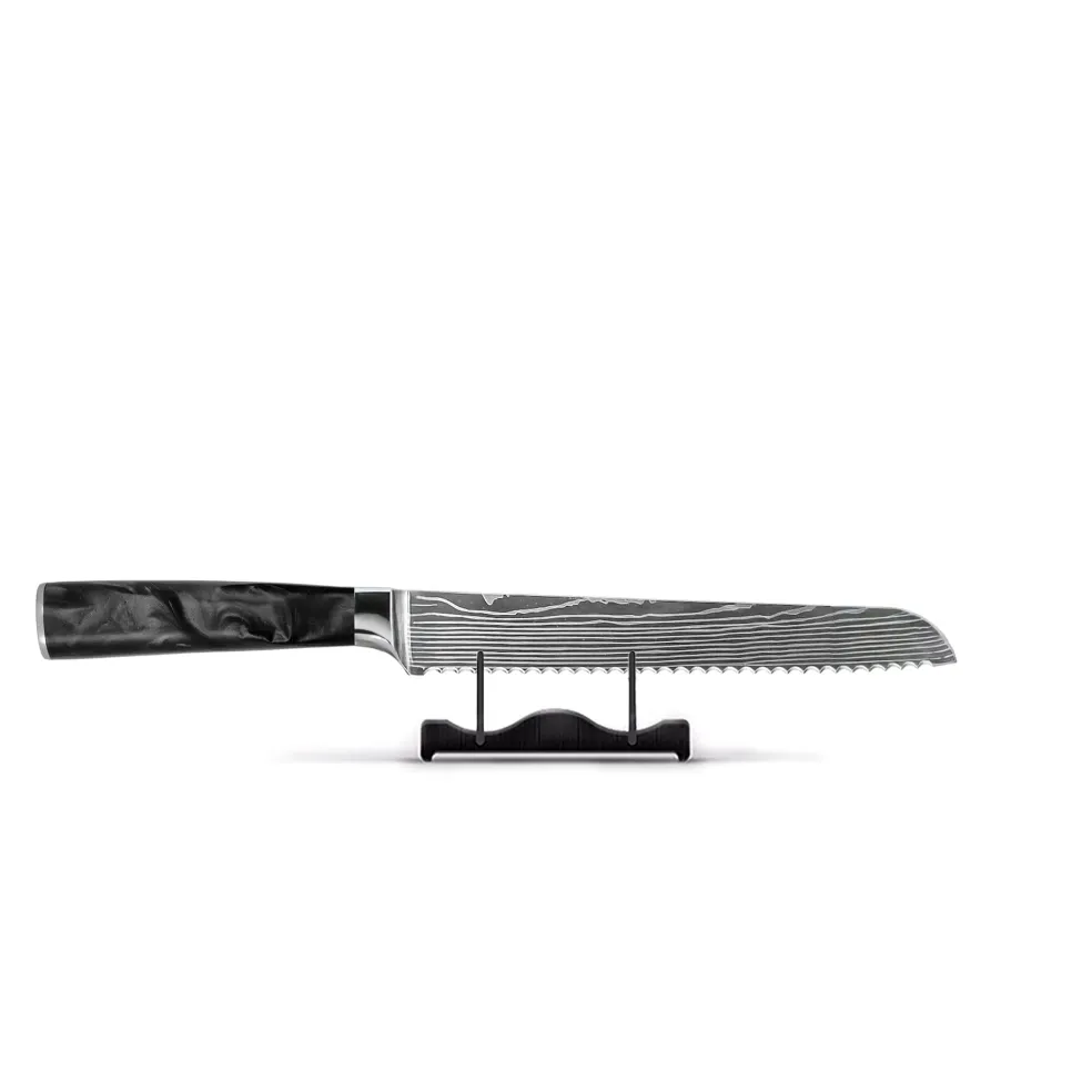 Shinrai Knives - Damascus Print Epoxy Onyx 5-delige Messenset - Koksmes + Broodmes + Nakiri + Kleine Santoku + Schilmes