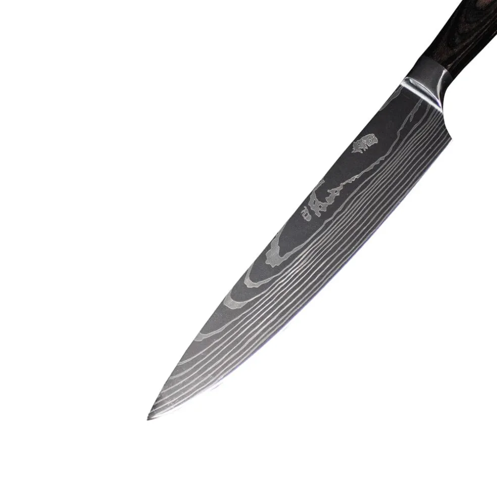 Shinrai Knives - Damascus Print 7-delige Messenset + Magnetisch Messenblok Scalae - Acacia hout