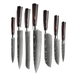 Shinrai Knives - Damascus Print 7-delige Messenset + Magnetisch Messenblok Scalae - Acacia hout