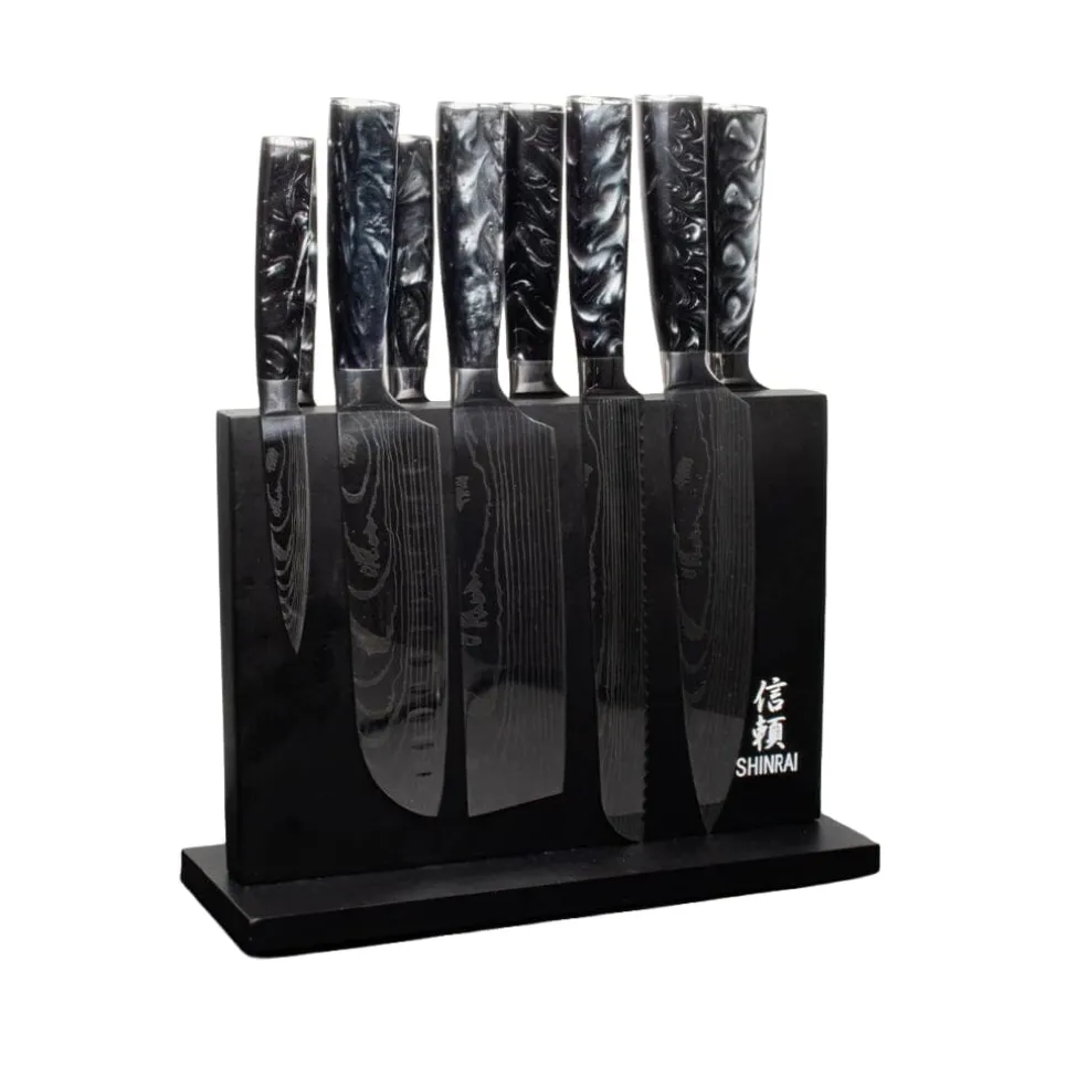 Shinrai Knives - Damascus Print Onyx Epoxy 9-delige Messenset + Magnetisch Messenblok Dubbelzijdig - Zwart