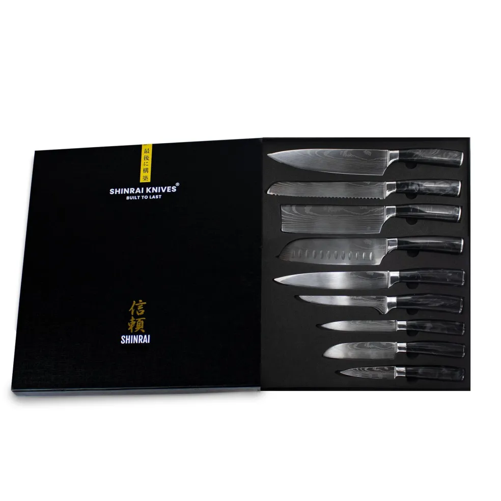 Shinrai Knives - Damascus Print Onyx Epoxy 9-delige Messenset + Magnetisch Messenblok Dubbelzijdig - Zwart