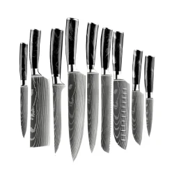 Shinrai Knives - Damascus Print Onyx Epoxy 9-delige Messenset + Magnetisch Messenblok Dubbelzijdig - Zwart