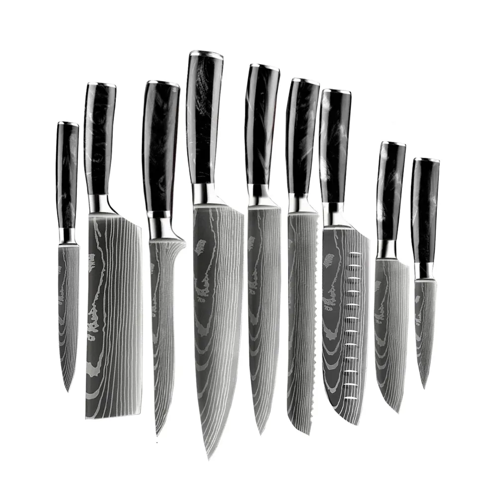 Shinrai Knives - Damascus Print Onyx Epoxy 9-delige Messenset + Magnetisch Messenblok Dubbelzijdig - Zwart