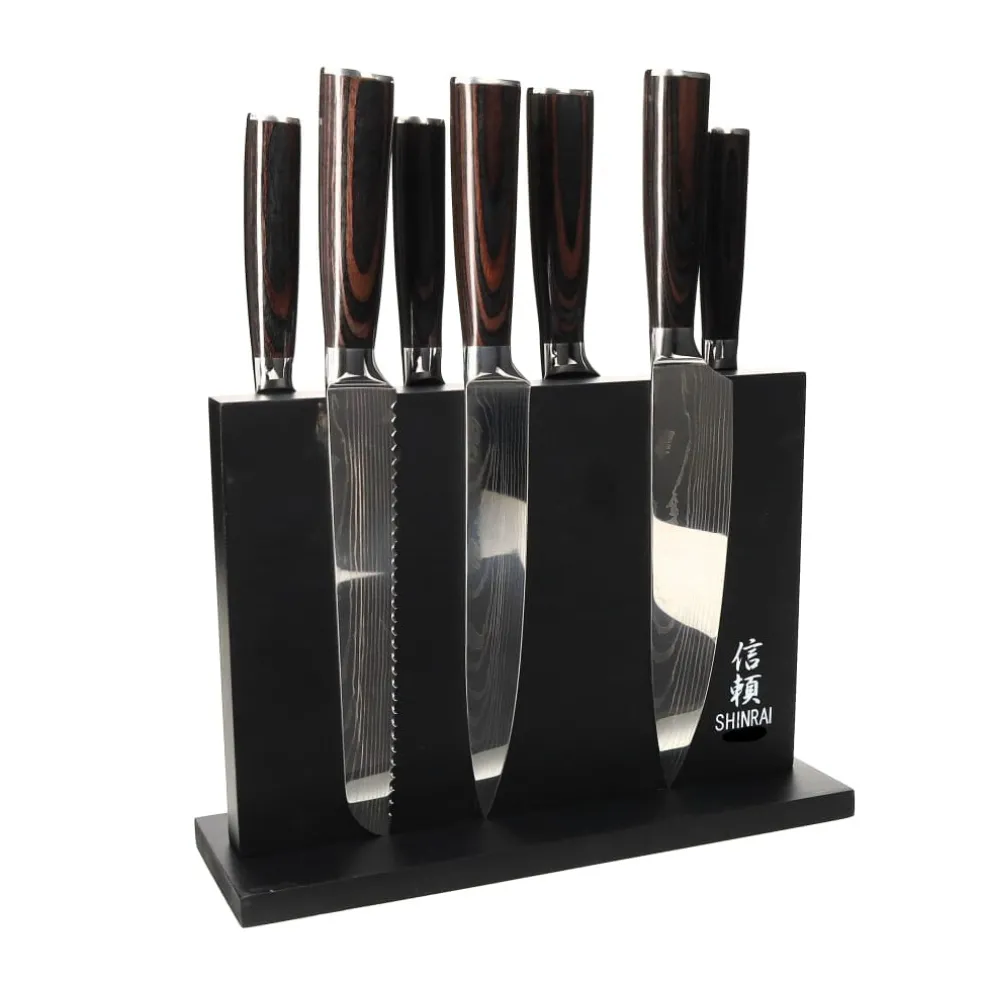 Shinrai Knives - Damascus Print 7-delige Messenset + Magnetisch Messenblok Dubbelzijdig - Zwart