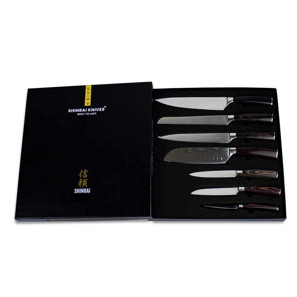 Shinrai Knives - Damascus Print 7-delige Messenset + Messenblok Robur