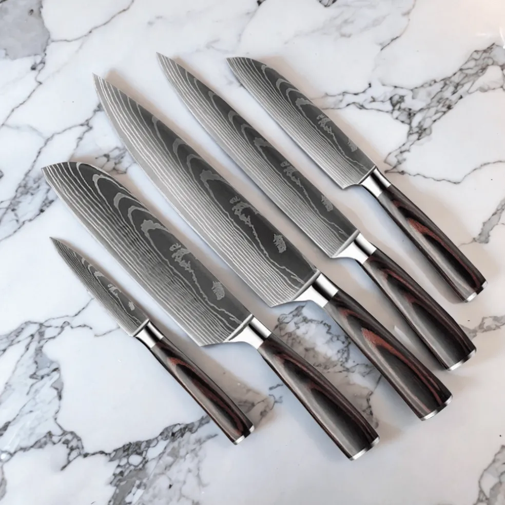 Shinrai Knives - Damascus Print 5-delige Messenset + Magnetisch Messenblok Dubbelzijdig