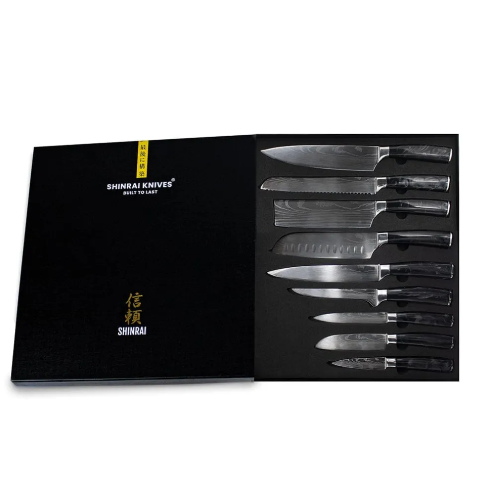 Shinrai Knives - Damascus Print Onyx Epoxy 9-delige Messenset + Magnetisch Messenblok Scalae - Acacia hout