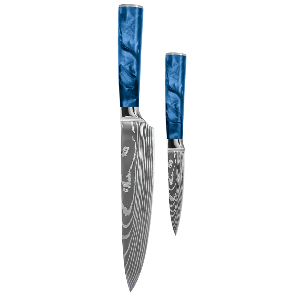 Shinrai Knives - Damascus Print Epoxy Sapphire 2-delige Messenset - Koksmes + Schilmes