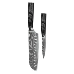 Shinrai Knives - Damascus Print Epoxy Onyx 2-delige Messenset - Santoku + Schilmes