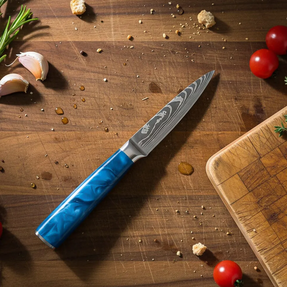 Shinrai Knives - Damascus Print Epoxy Sapphire 2-delige Messenset - Nakiri + Schilmes