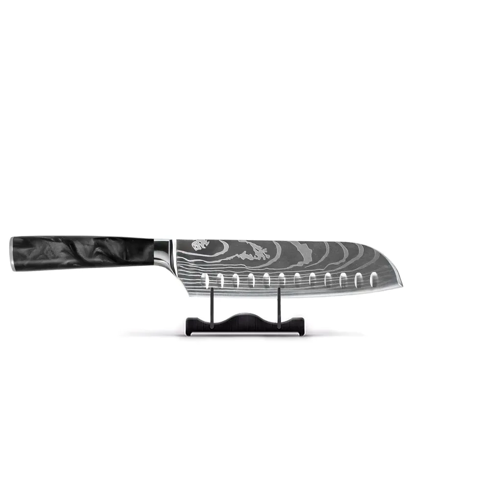Shinrai Knives - Damascus Print Epoxy Onyx 4-delige Messenset - Santoku + Broodmes + Nakiri + Schilmes