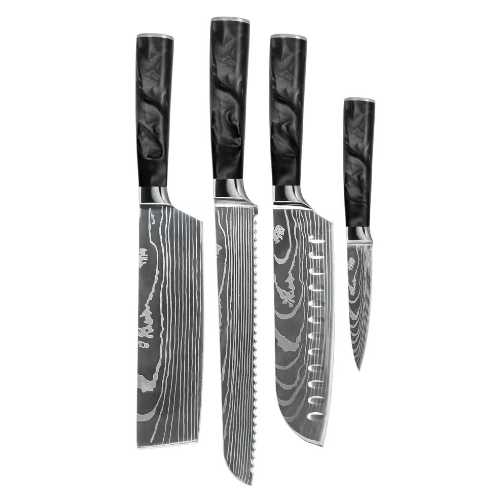 Shinrai Knives - Damascus Print Epoxy Onyx 4-delige Messenset - Santoku + Broodmes + Nakiri + Schilmes