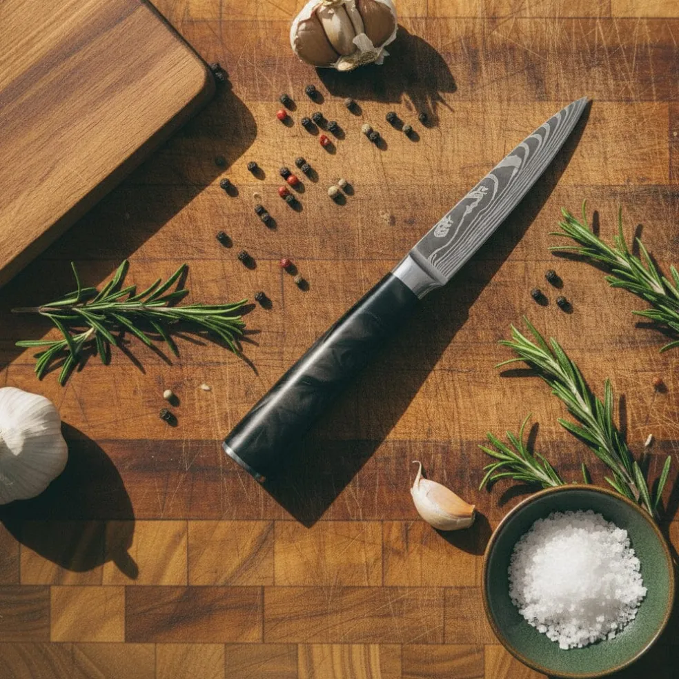 Shinrai Knives - Damascus Print Epoxy Onyx 4-delige Messenset - Santoku + Broodmes + Nakiri + Schilmes