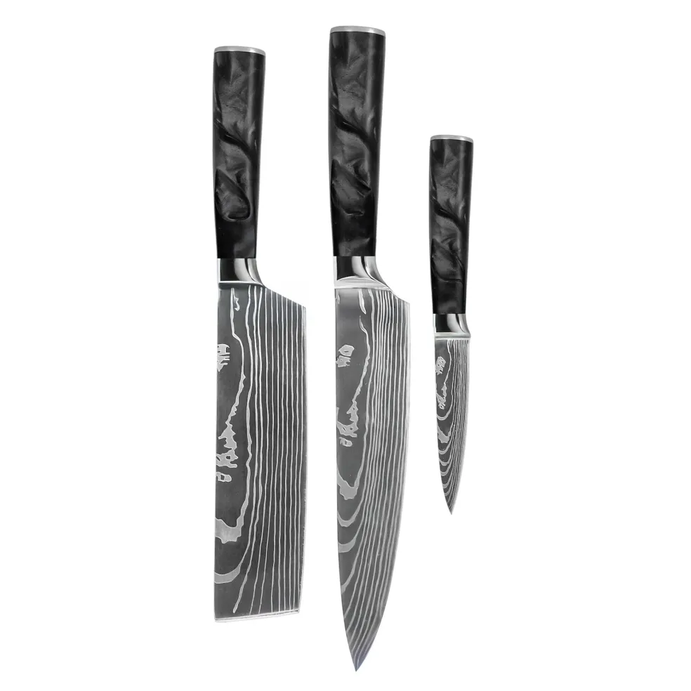 Shinrai Knives - Damascus Print Epoxy Onyx 3-delige Messenset - Koksmes + Nakiri + Schilmes