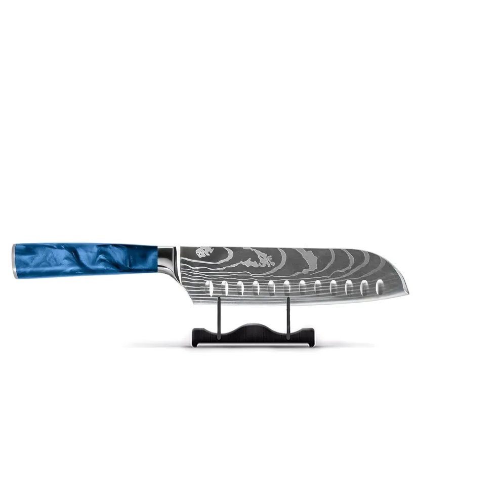 Shinrai Knives - Damascus Print Epoxy Sapphire 4-delige Messenset - Santoku + Broodmes + Nakiri + Schilmes