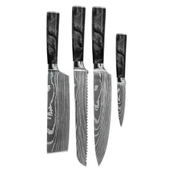 Shinrai Knives - Damascus Print Epoxy Onyx 4-delige Messenset - Koksmes + Broodmes + Nakiri + Schilmes