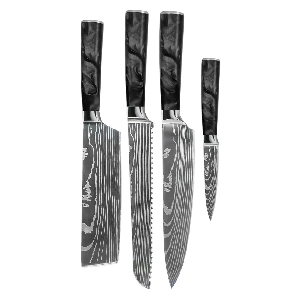 Shinrai Knives - Damascus Print Epoxy Onyx 4-delige Messenset - Koksmes + Broodmes + Nakiri + Schilmes
