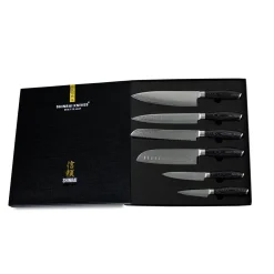 Shinrai Knives - Damast Pakka Wood 6-delige Messenset + Magnetisch Messenblok Dubbelzijdig - Zwart