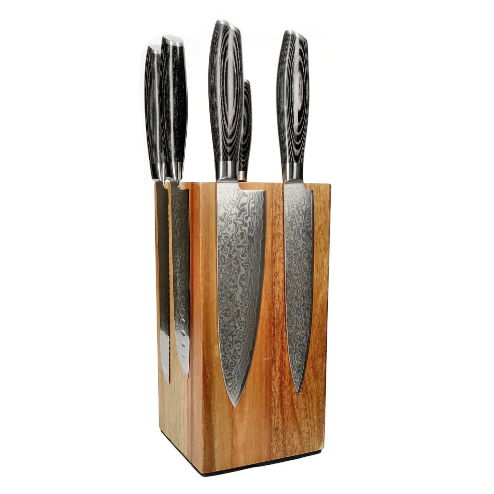 Shinrai Knives - Damast Pakka Wood 6-delige Messenset + Messenblok Robur