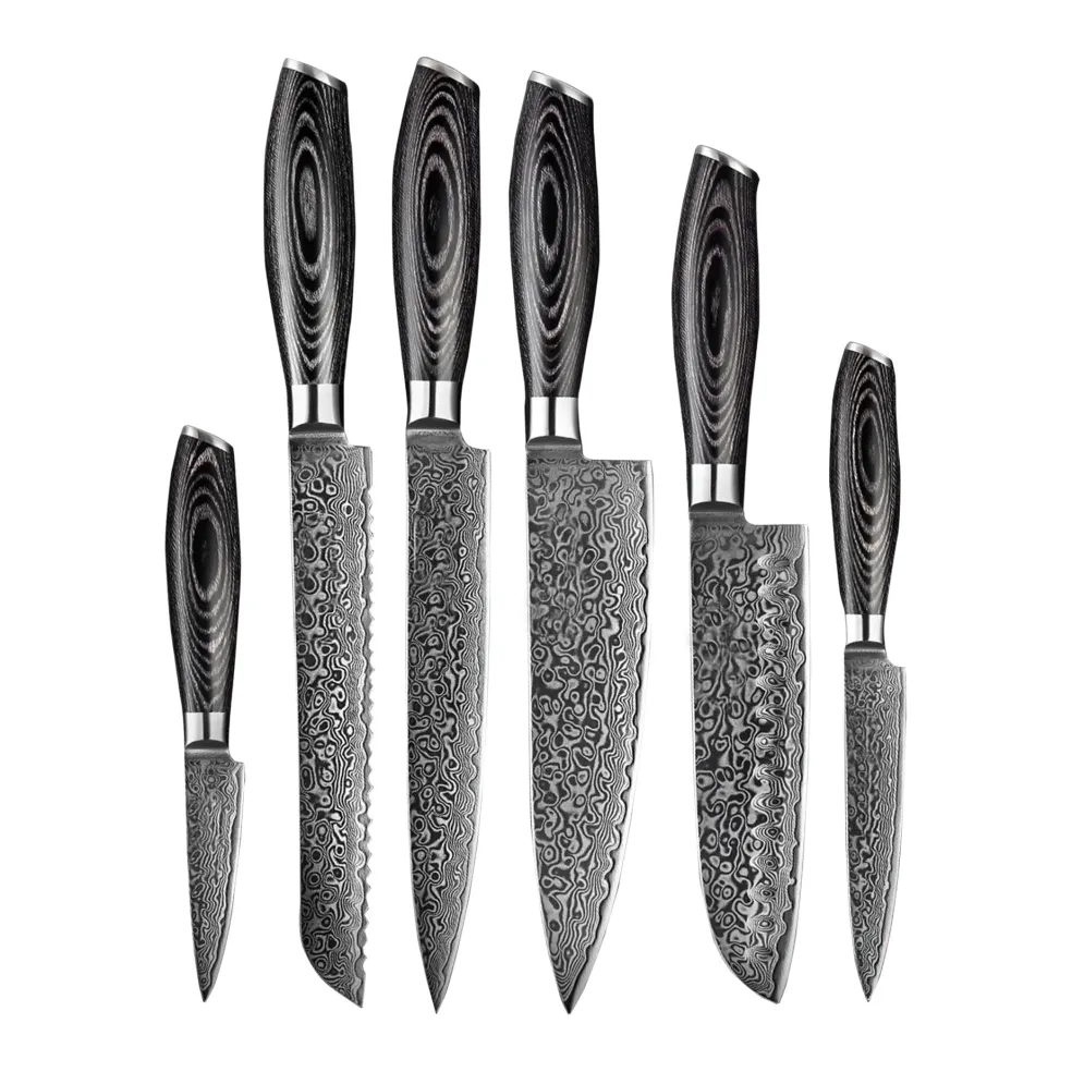 Shinrai Knives - Damast Pakka Wood 6-delige Messenset + Magnetisch Messenblok Scalae - Acacia hout