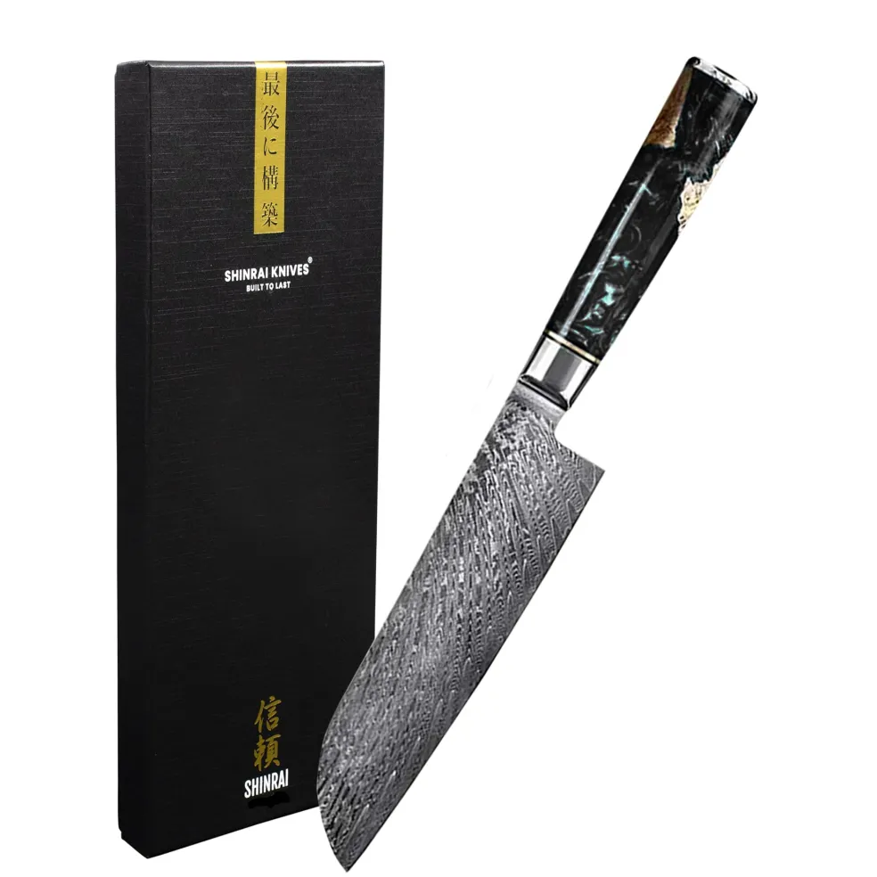 Shinrai Knives - Epoxy Onyx Damascus Santoku mes 18 cm