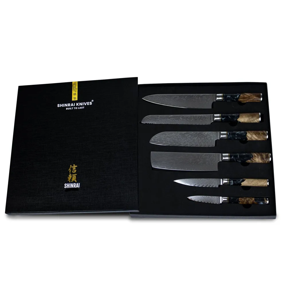 Shinrai Knives - Epoxy Onyx 6-delige Damascus Messenset + Magnetisch Messenblok Dubbelzijdig - Zwart