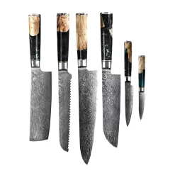 Shinrai Knives - Epoxy Onyx 6-delige Damascus Messenset + Magnetisch Messenblok Dubbelzijdig - Zwart