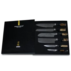 Shinrai Knives - Epoxy Onyx 6-delige Damascus Messenset + Magnetisch Messenblok Scalae - Acacia hout
