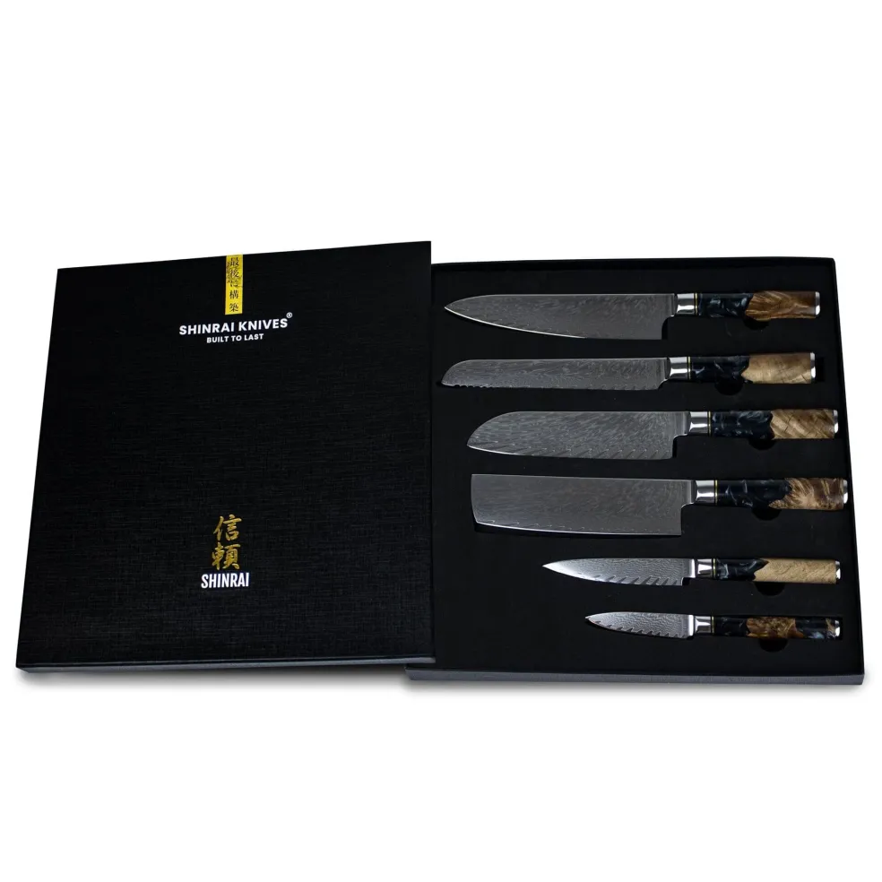 Shinrai Knives - Epoxy Onyx 6-delige Damascus Messenset + Magnetisch Messenblok Scalae - Acacia hout