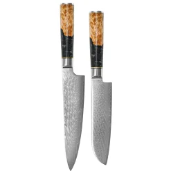 Shinrai Knives - Epoxy Onyx 2-delige Damascus Messenset - Koksmes + Santoku mes