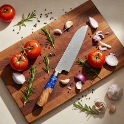 Shinrai Knives - Epoxy Sapphire 2-delige Damascus Messenset - Koksmes + Santoku mes