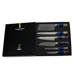 Shinrai Knives - Epoxy Sapphire 6-delige Damascus Messenset