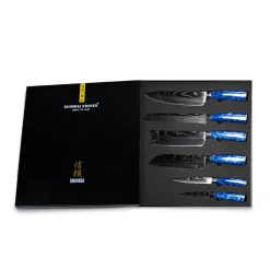 Shinrai Knives - Epoxy Sapphire Damascus Print 6-delige Messenset + Magnetisch Messenblok Dubbelzijdig - Zwart