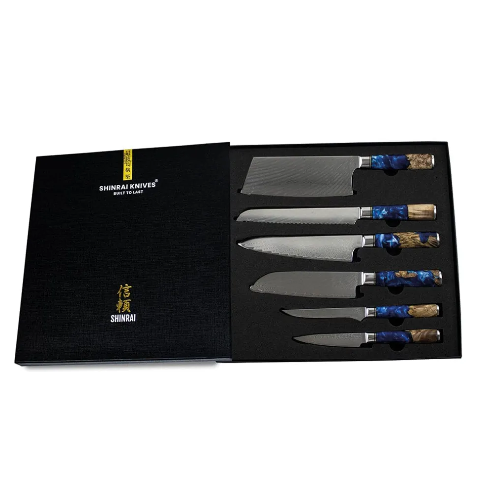 Shinrai Knives - Epoxy Sapphire 6-delige Damascus Messenset + Magnetisch Messenblok Scalae - Acacia hout