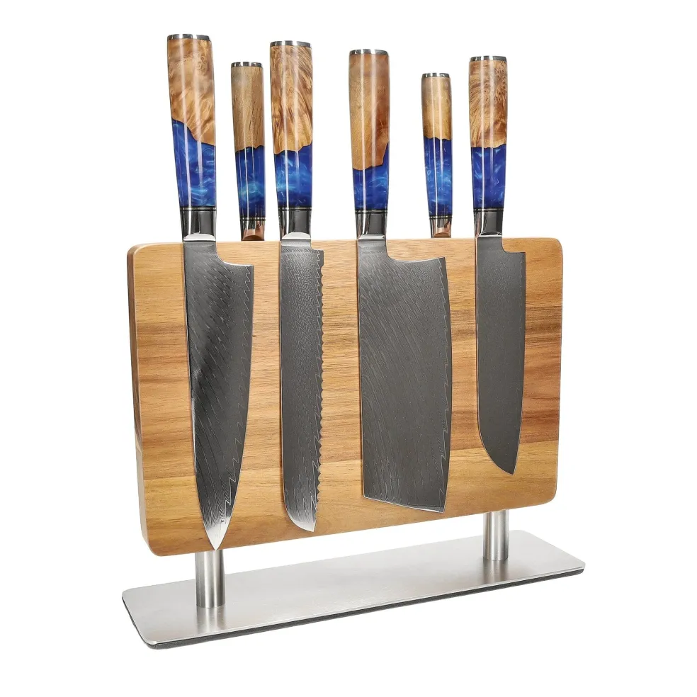Shinrai Knives - Epoxy Sapphire 6-delige Messenset + Messenblok Stans