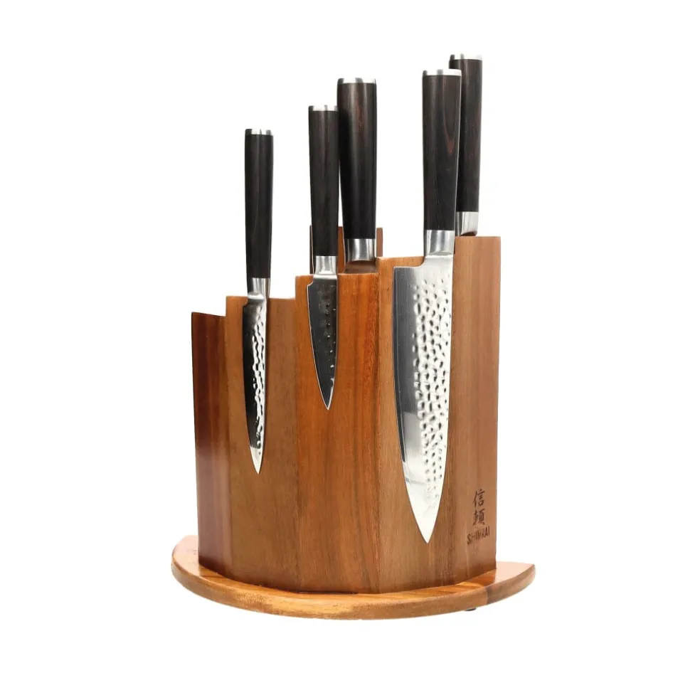 Shinrai Knives - Hammered Damast BR 5-delige Messenset + Magnetisch Messenblok Scalae - Acacia