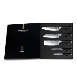 Shinrai Knives - Hammered Damast BR 5-delige Messenset + Magnetisch Messenblok Dubbelzijdig - Zwart