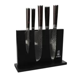 Shinrai Knives - Hammered Damast BR 5-delige Messenset + Magnetisch Messenblok Dubbelzijdig - Zwart