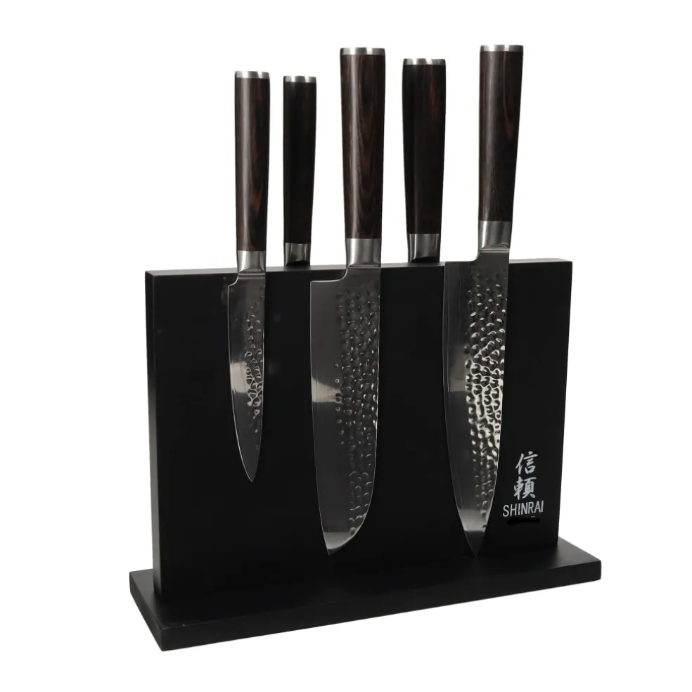 Shinrai Knives - Hammered Damast BR 5-delige Messenset + Magnetisch Messenblok Dubbelzijdig - Zwart